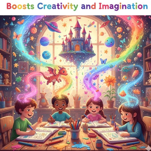 Four diverse children drawing coloring pages with colorful magical streams showing boosted creativity imagination in kids healthy development