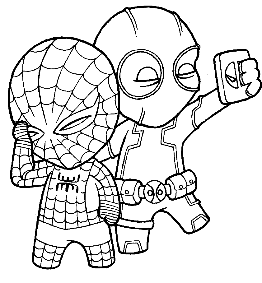 Chibi Deadpool y Chibi Spiderman Página para colorear