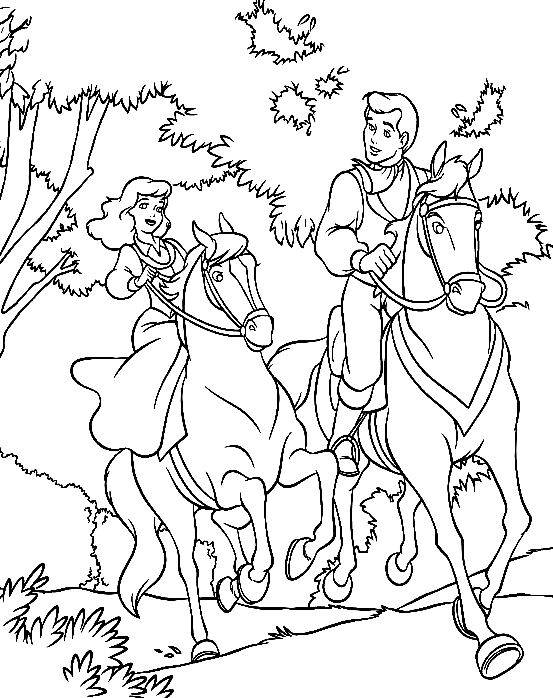 Cenicienta y el príncipe están montando a caballo juntos de la página para colorear de Cenicienta