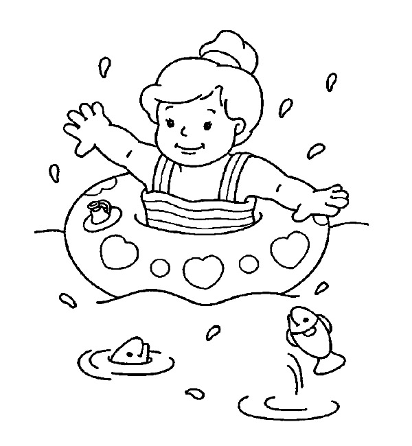 Cute Little Girl Swimming On The Beach Coloring Pages