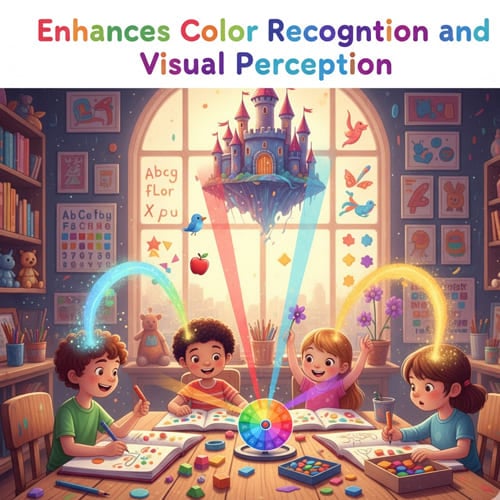 Children using a color wheel to enhance color recognition visual perception essential for kids healthy development