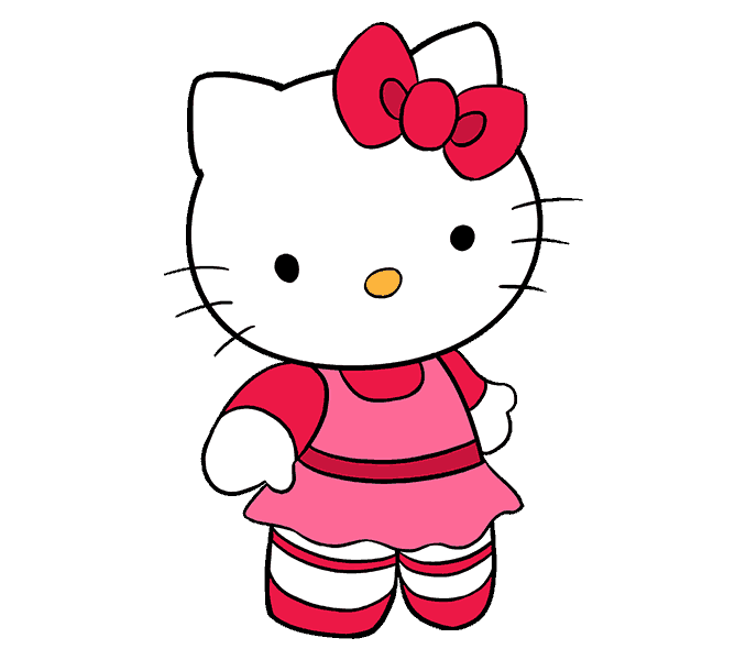 Final drawing of Hello Kitty colored with pink dress red bow