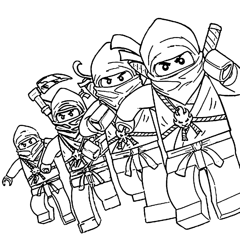 Quatre ninjas se préparent à attaquer les ennemis dans Ninjago de Ninjago