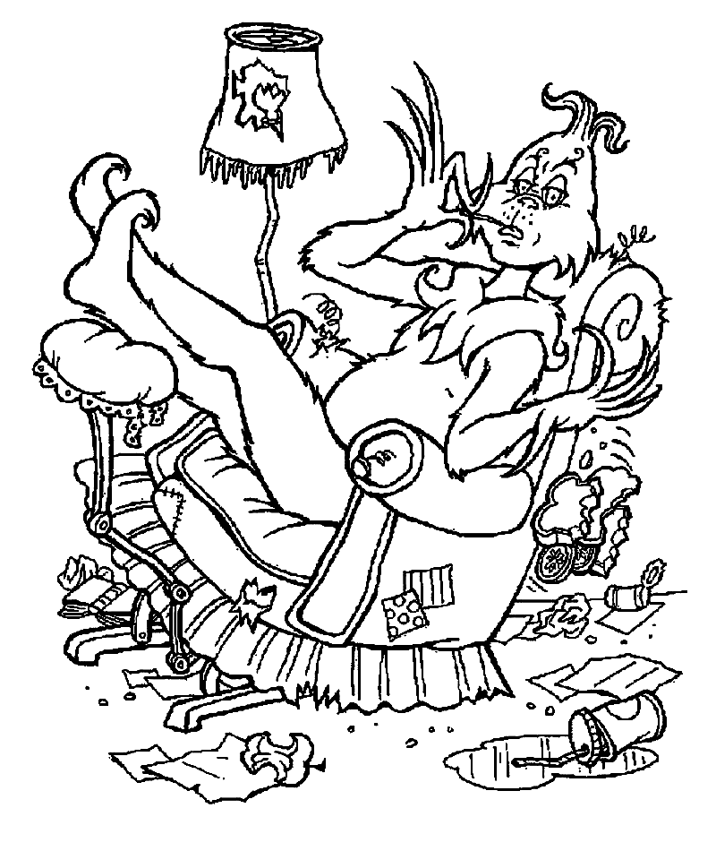 Grinch is sitting on armchair Coloring Pages