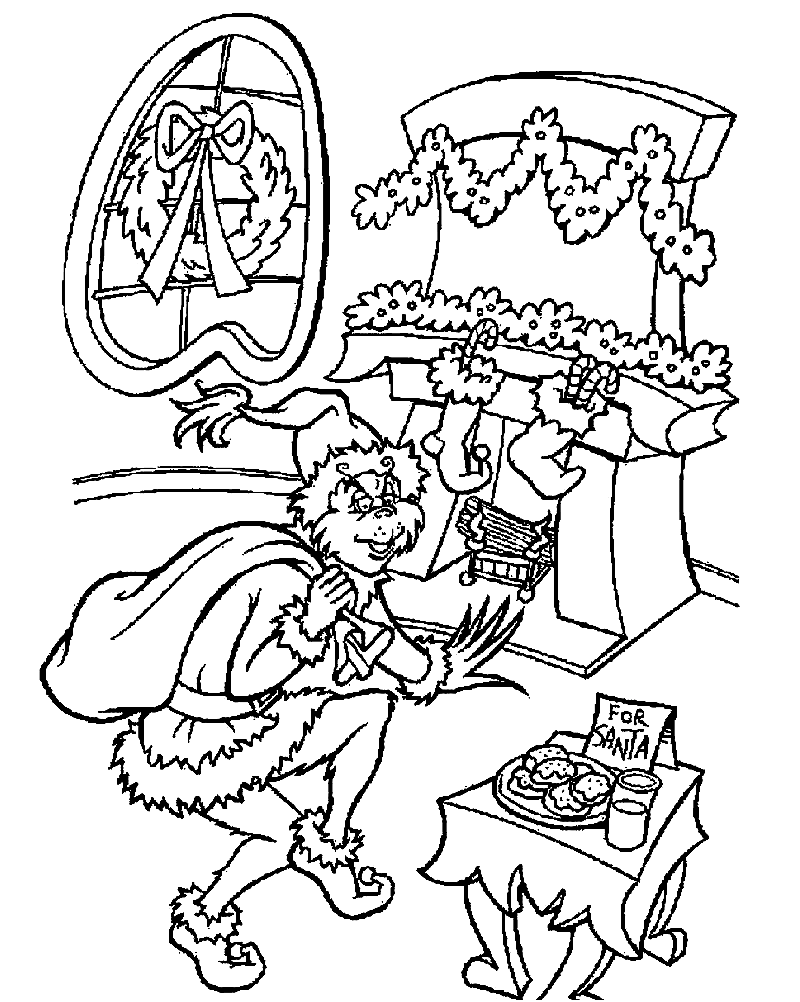 Dibujo de Grinch robó el regalo de Navidad junto a la chimenea para colorear