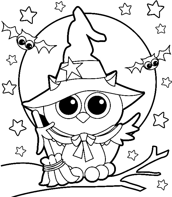 Halloween Owl Witch Coloring Page