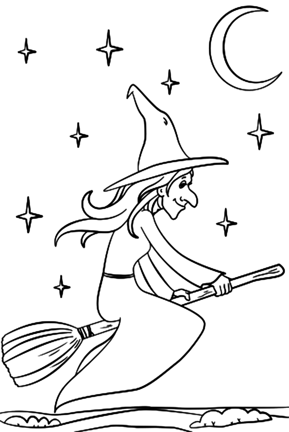 Halloween Witch Flying Moon Broomstick Coloring Pages