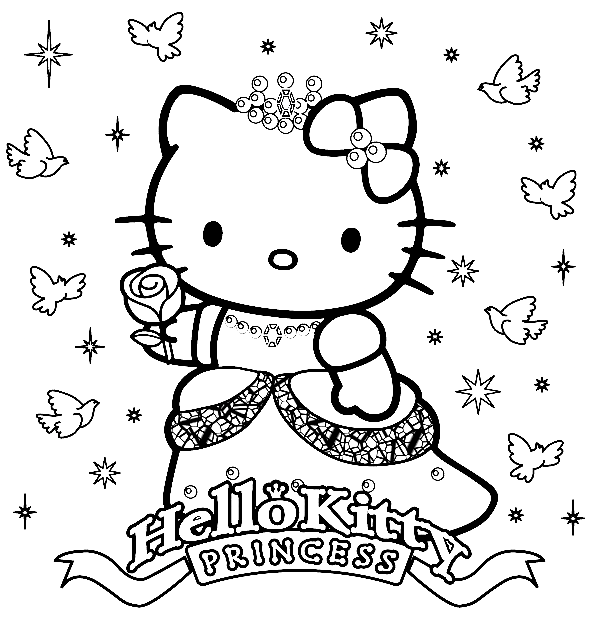 Desenho de Feliz Aniversário Princesa Hello Kitty para colorir