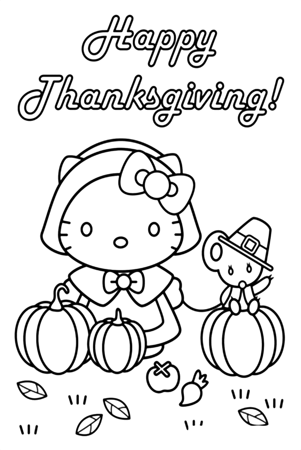Happy Thanksgiving Hello Kitty with Teddy Bear Coloring Pages