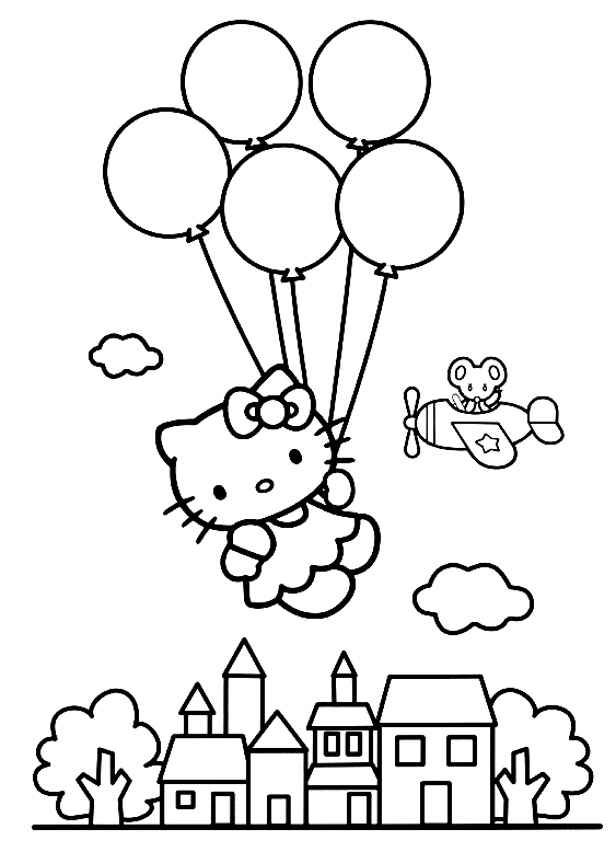 Раскраска Hello Kitty с воздушными шарами