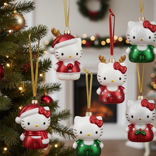 Assortment of sparkling Hello Kitty ornaments dressed for Merry Christmas with Hello Kitty hanging on a tree