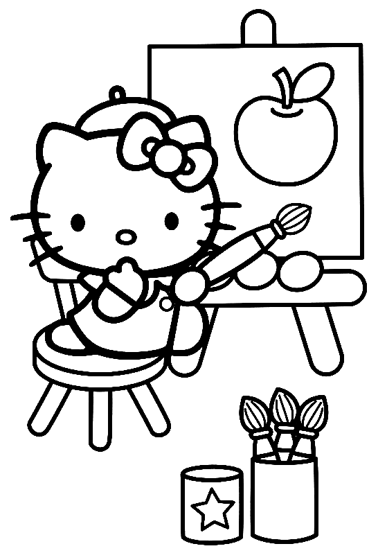 Hello Kitty Drawing An Apple Coloring Pages