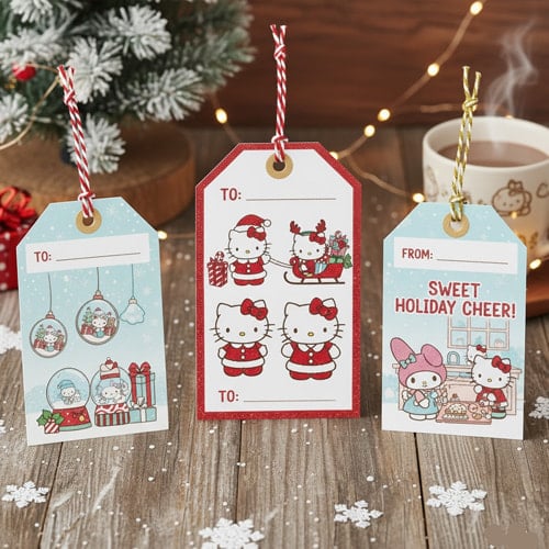 Festive Hello Kitty gift tags with winter scenes perfect for Merry Christmas with Hello Kitty