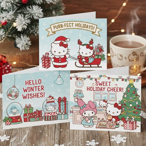 Collection of sweet Hello Kitty holiday greeting cards wishing a Merry Christmas with Hello Kitty