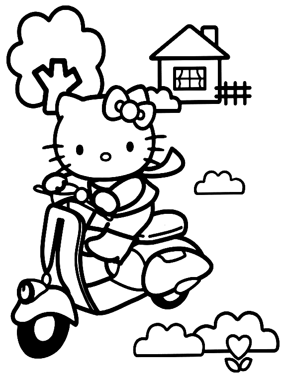 Hello Kitty On A Scooter Coloring Page