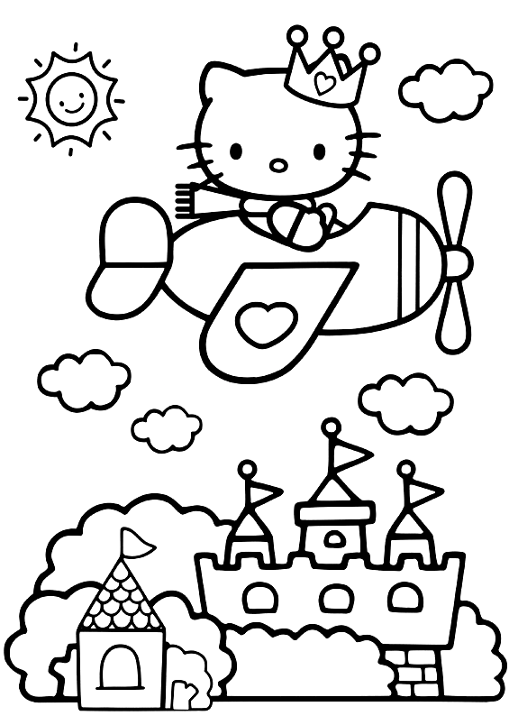 Página para colorir de avião da Hello Kitty