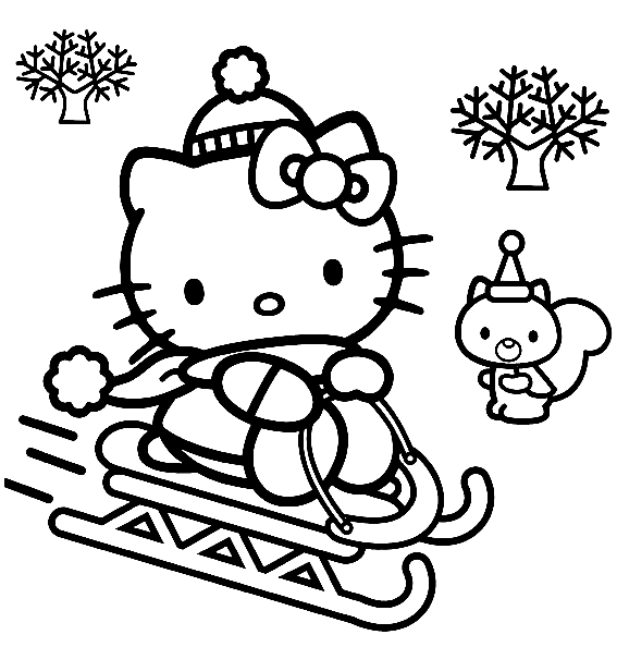 Раскраска Hello Kitty на лыжах в Рождество