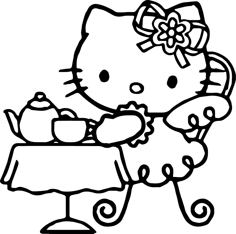 Página para colorir da festa do chá da Hello Kitty