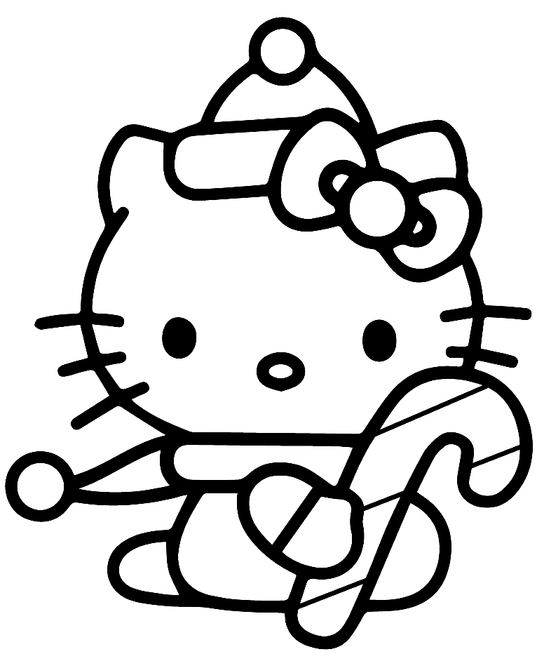 Hello Kitty With Christmas Candy Cane Coloring Page