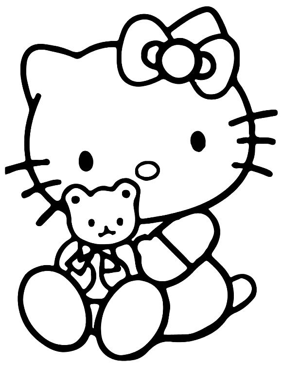 Hello Kitty com seu ursinho de pelúcia para colorir