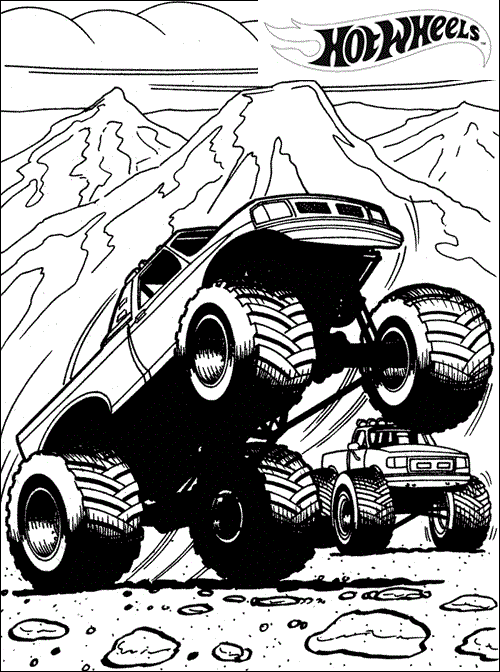 Hot Wheels Monster Truck runs on the mountain Coloring Pages