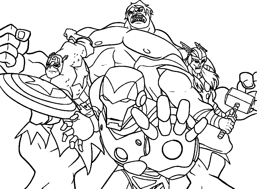 Раскраска Железный человек, Тор, Халк и Капитан Америка из Мстителей