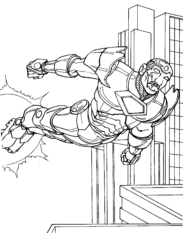Iron Man usa rayos repulsores para volar a través de edificios de los Vengadores