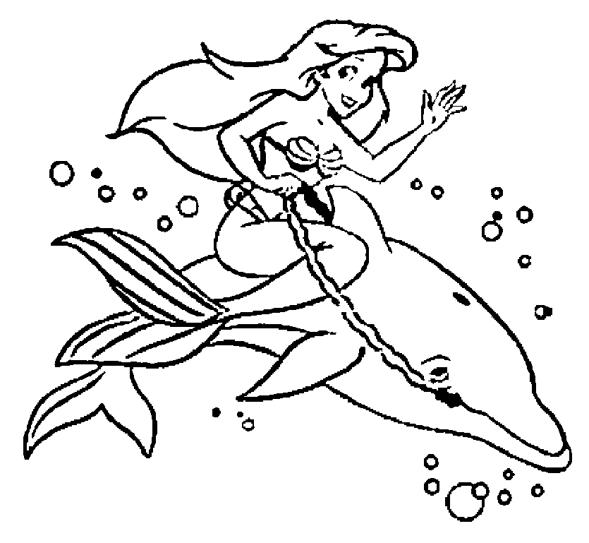 desenho de Pequena Sereia monta um golfinho para colorir