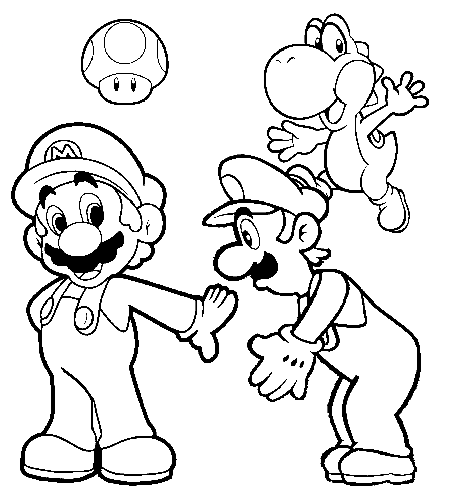 Pagina da colorare di Mario, Luigi, Toad e Yoshi