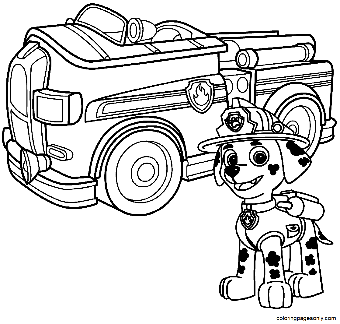Paw Patrol Marshall met brandweerwagen kleurplaat