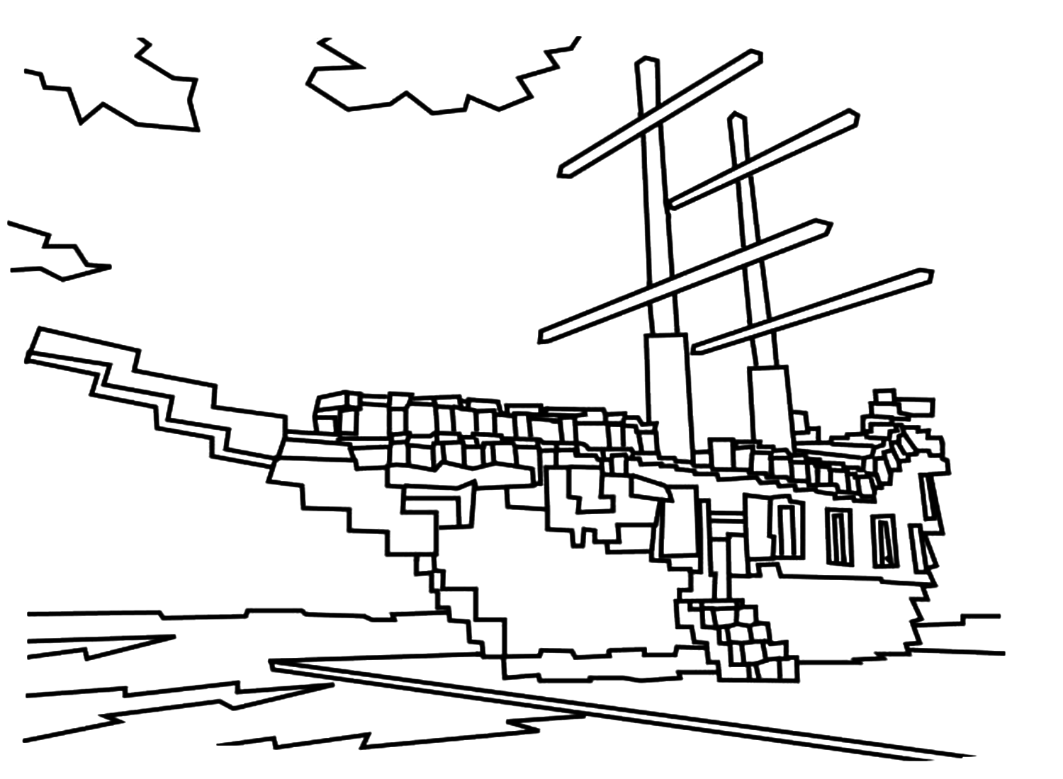 Pirate Ship Moored At Habor In Minecraft Coloring Pages