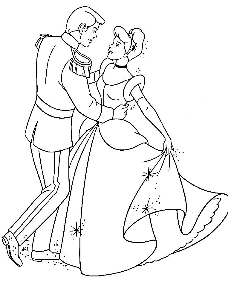 Desenho para colorir da princesa Cinderela e do príncipe encantado