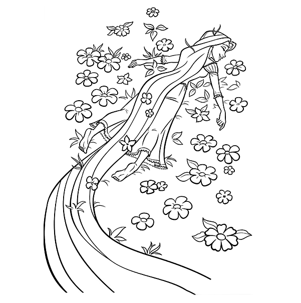 Rapunzel lies on the flowers Coloring Pages
