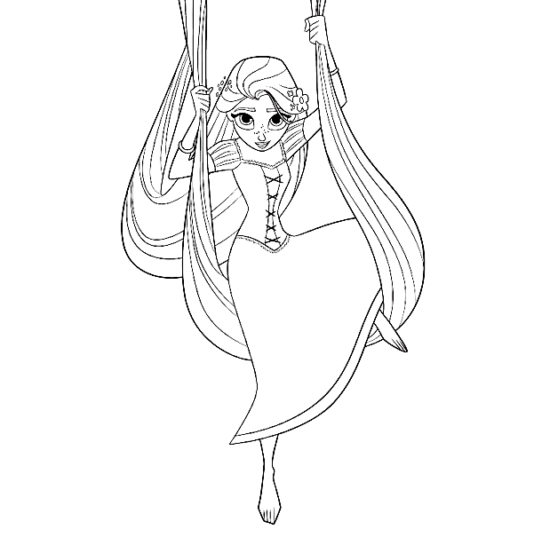 Rapunzel swings by her long hair Coloring Pages