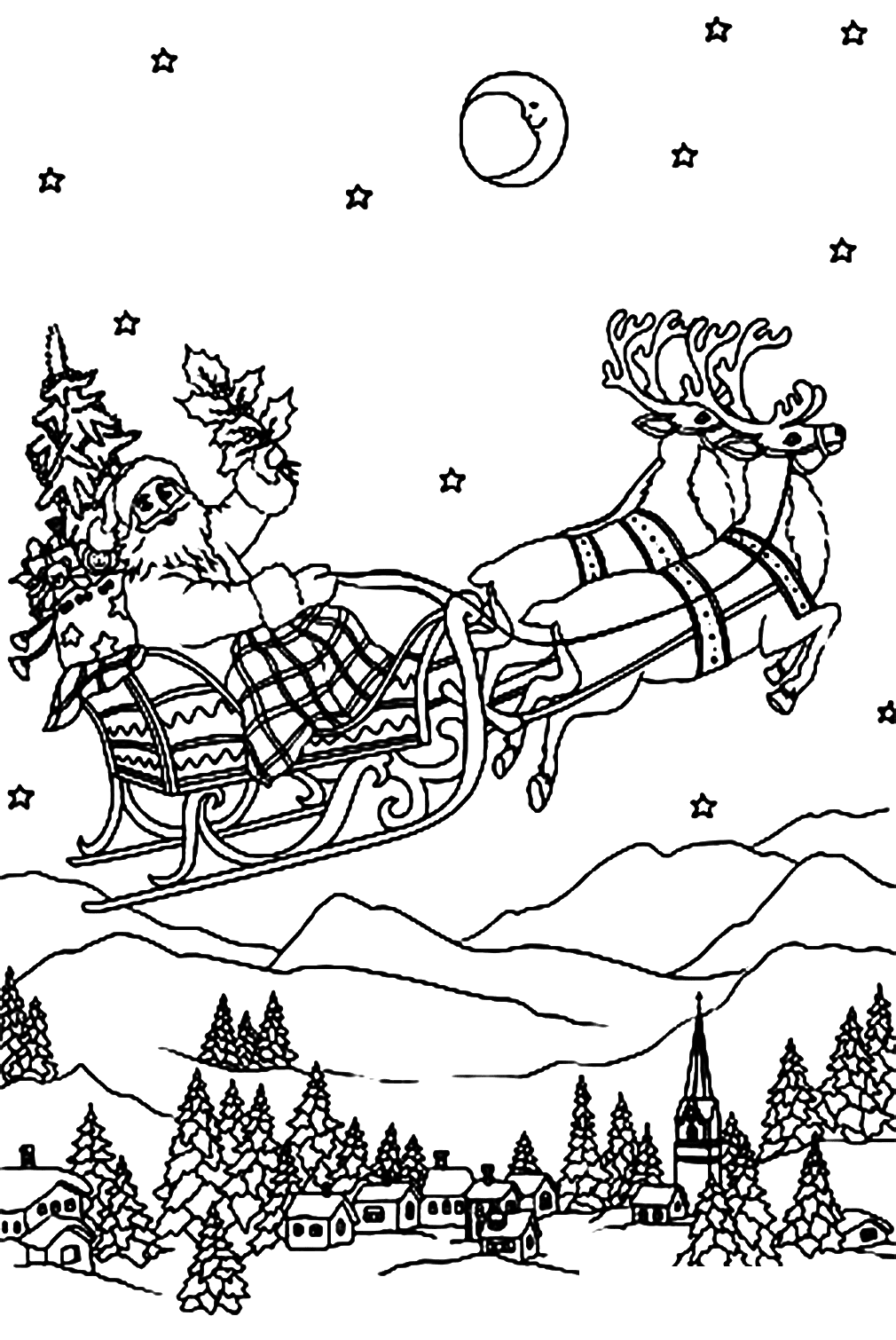 Santa Flying with His Reindeers on Sleigh at Night Coloring Page