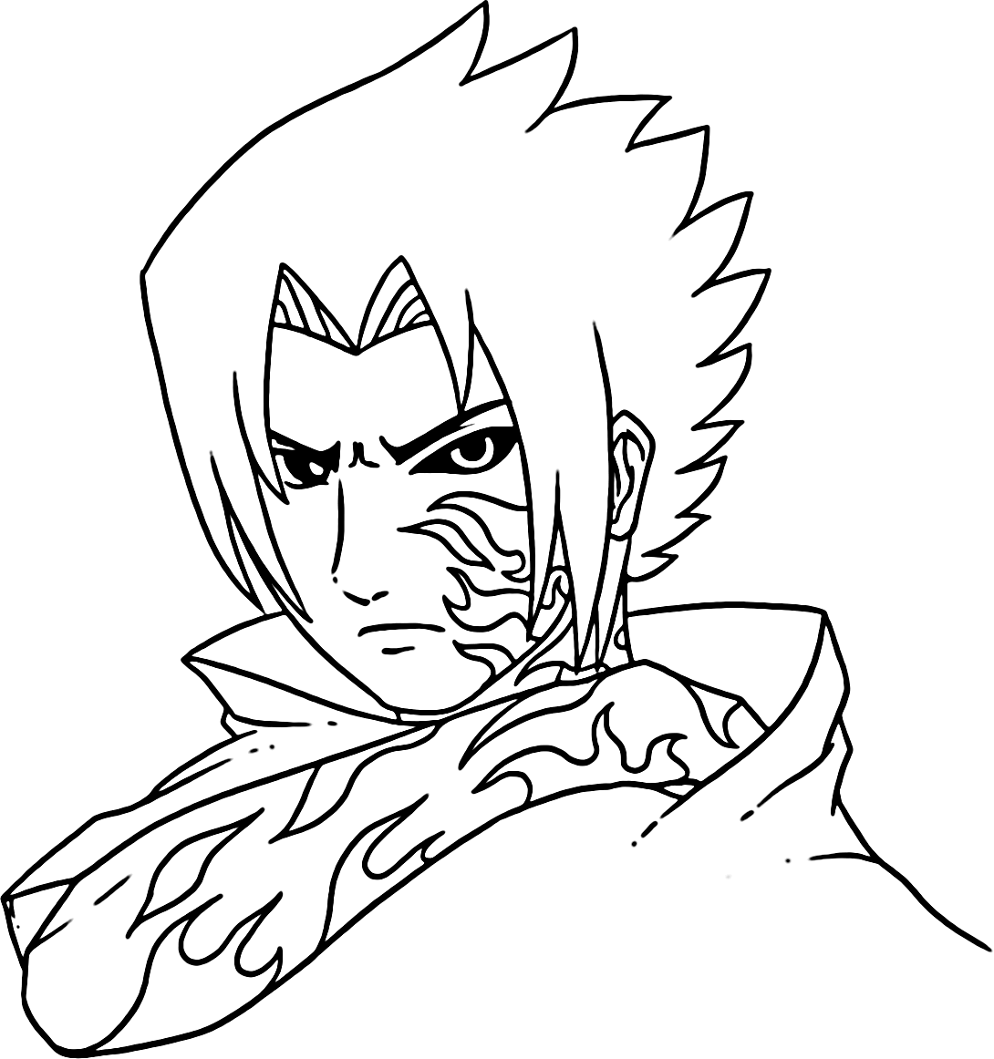 Sasuke filled a half of special Curse Mark on his face and arm Coloring Page