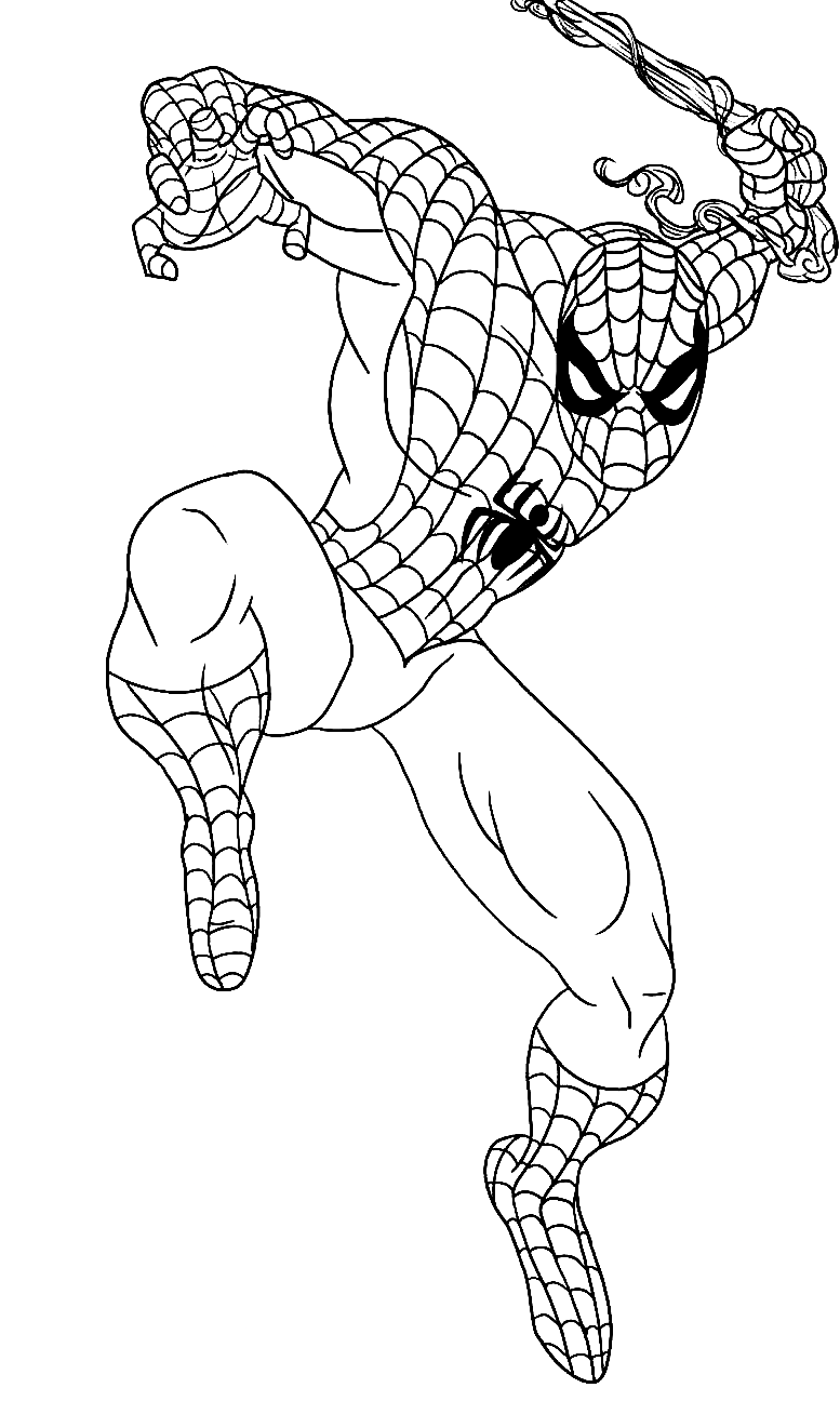 Spiderman holds spider web and jumps up Coloring Page