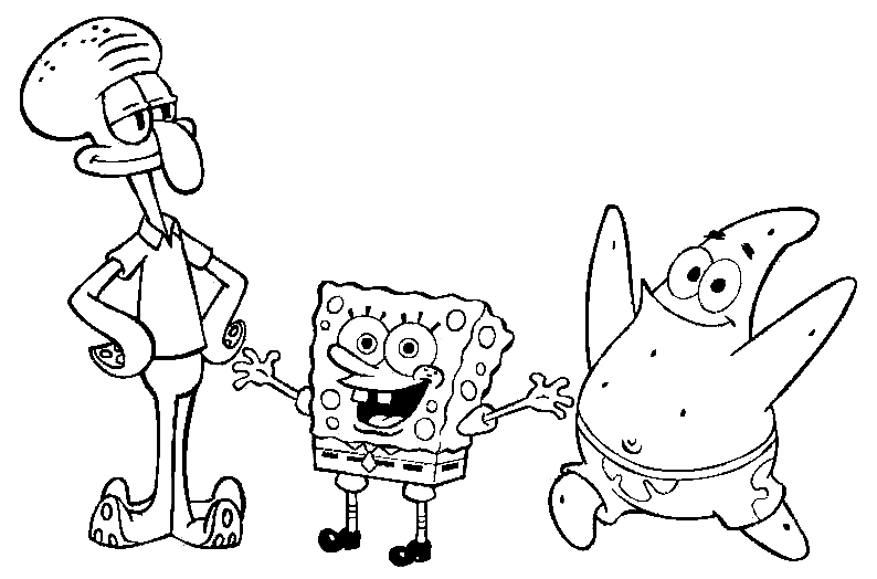Squidward Tentacles و SpongeBob و Patrick Star Coloring Page