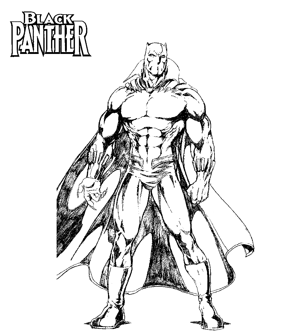 O forte super-herói Pantera Negra usa sua capa de Pantera Negra