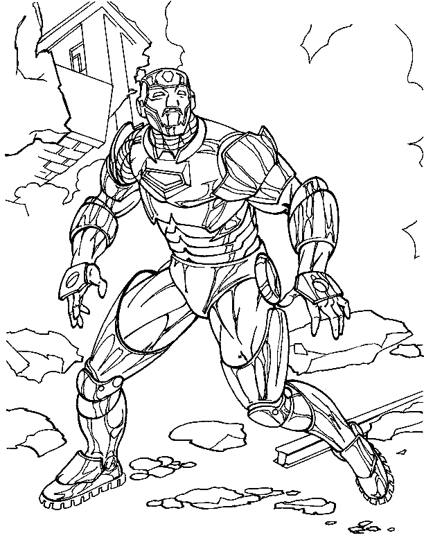 Superhero Iron man a essayé de se battre dans la ville en ruine Coloriage