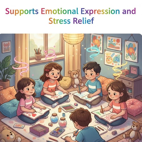 Group of happy children drawing coloring pages together supports emotional expression stress relief in kids healthy development