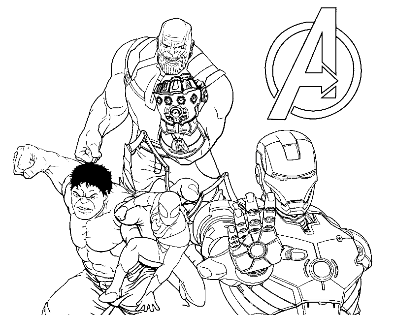 Thanos with Infinity Gauntlet fights to Hulk, Iron man and Spider man from the Avengers Coloring Page