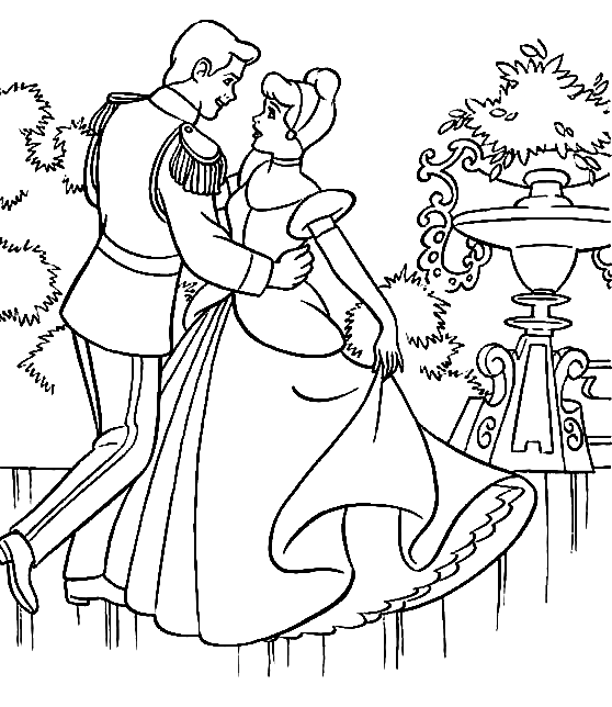 Il principe balla con Cenerentola dalla pagina da colorare di Cenerentola