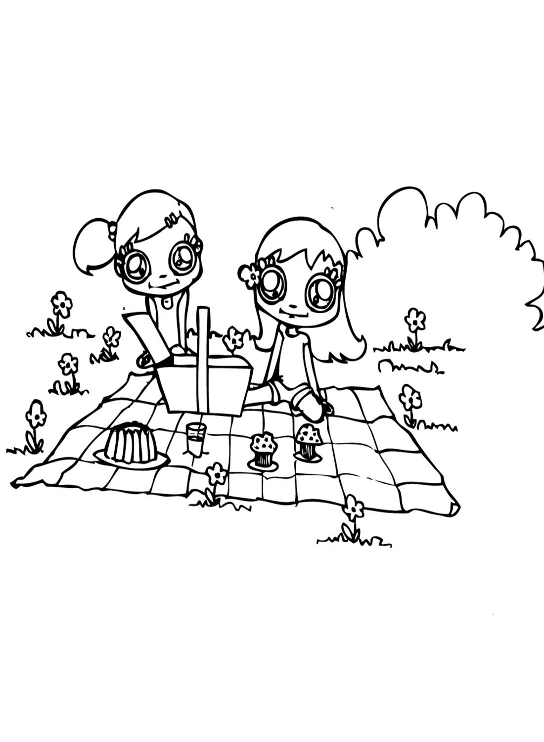 Two Cute Girls Having Picnic Coloring Page