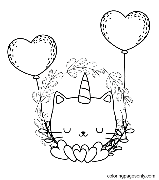 Página para colorear de gato unicornio con globo de corazón