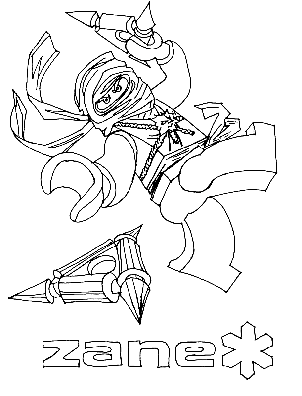 desenho de Zane em Ninjago joga Shurikens de Gelo aos inimigos