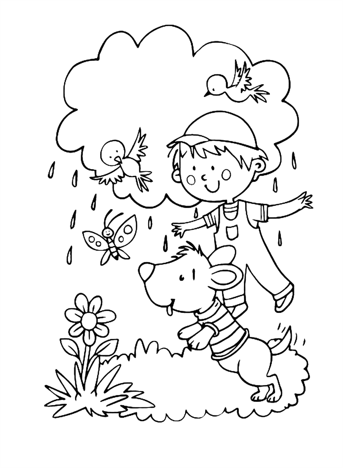 Um menino e um cachorro brincando lá fora na primavera