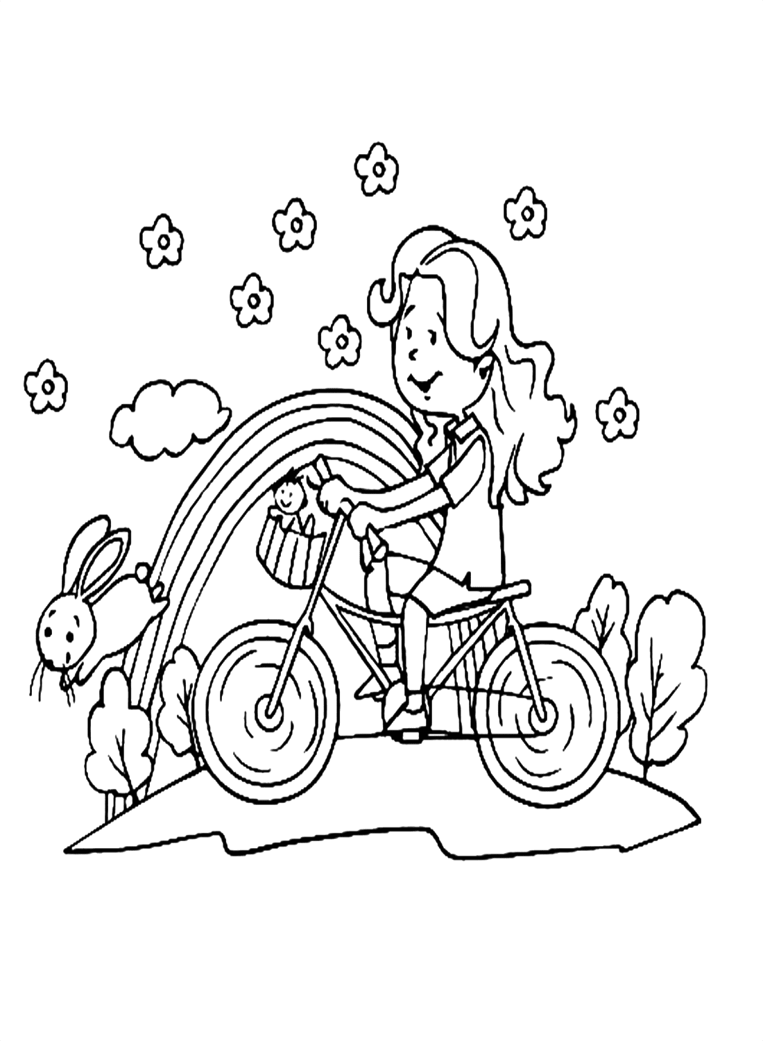 Uma linda garota andando de bicicleta para colorir
