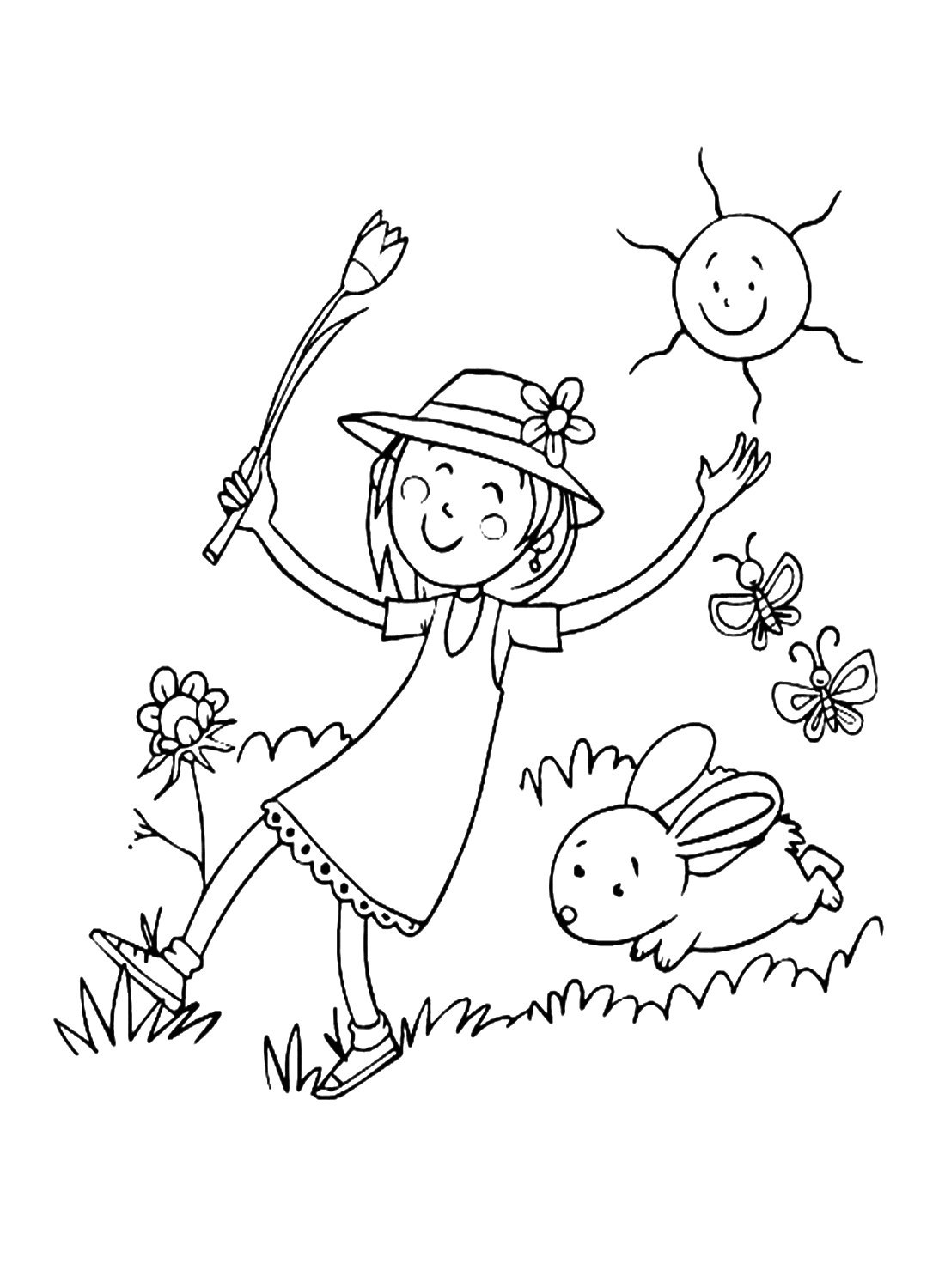 A Girl And A Bunny Playing Outside Coloring Pages