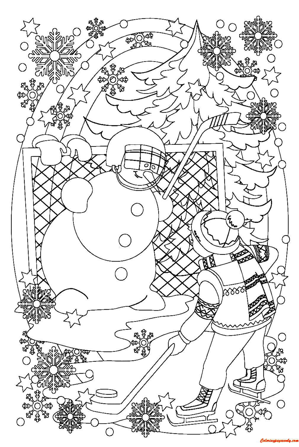Снеговик и мальчик играют в хоккей в «Снежке» из «Снеговика»